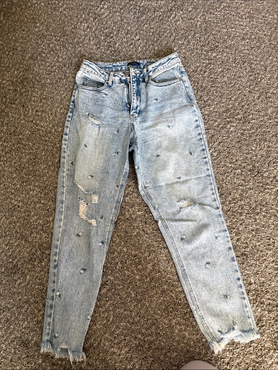 Material Girl Denim - Material Girl Light Blue Distressed Boyfriend Jeans with Star Embroidery